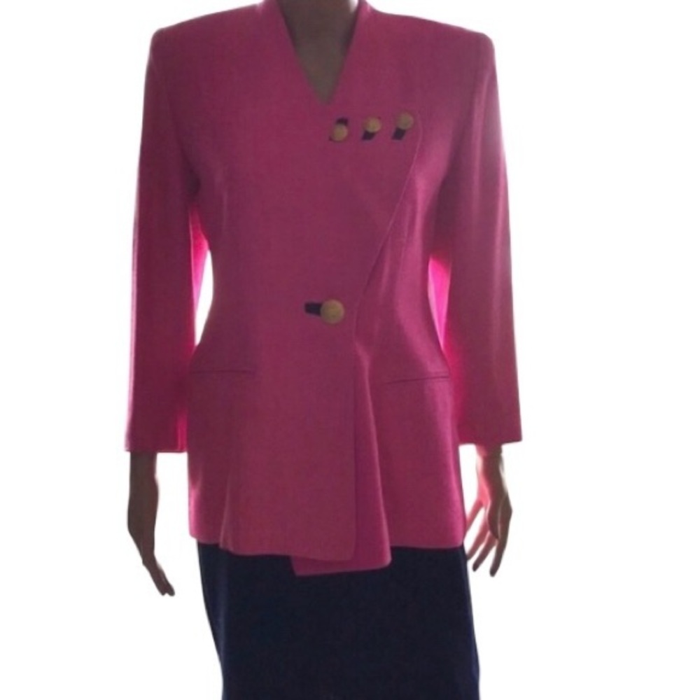 Pink military style blazer jacket and navy blue skirt VTG SUIT BRASS BUTTONS